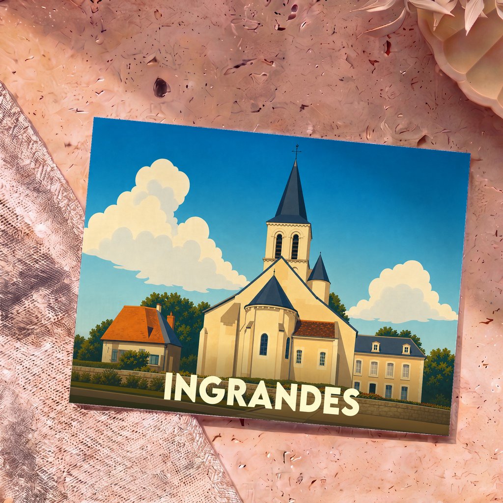 Carte postale souvenir de la ville d'Ingrandes avec une illustration stylisée de son église sous un ciel bleu.