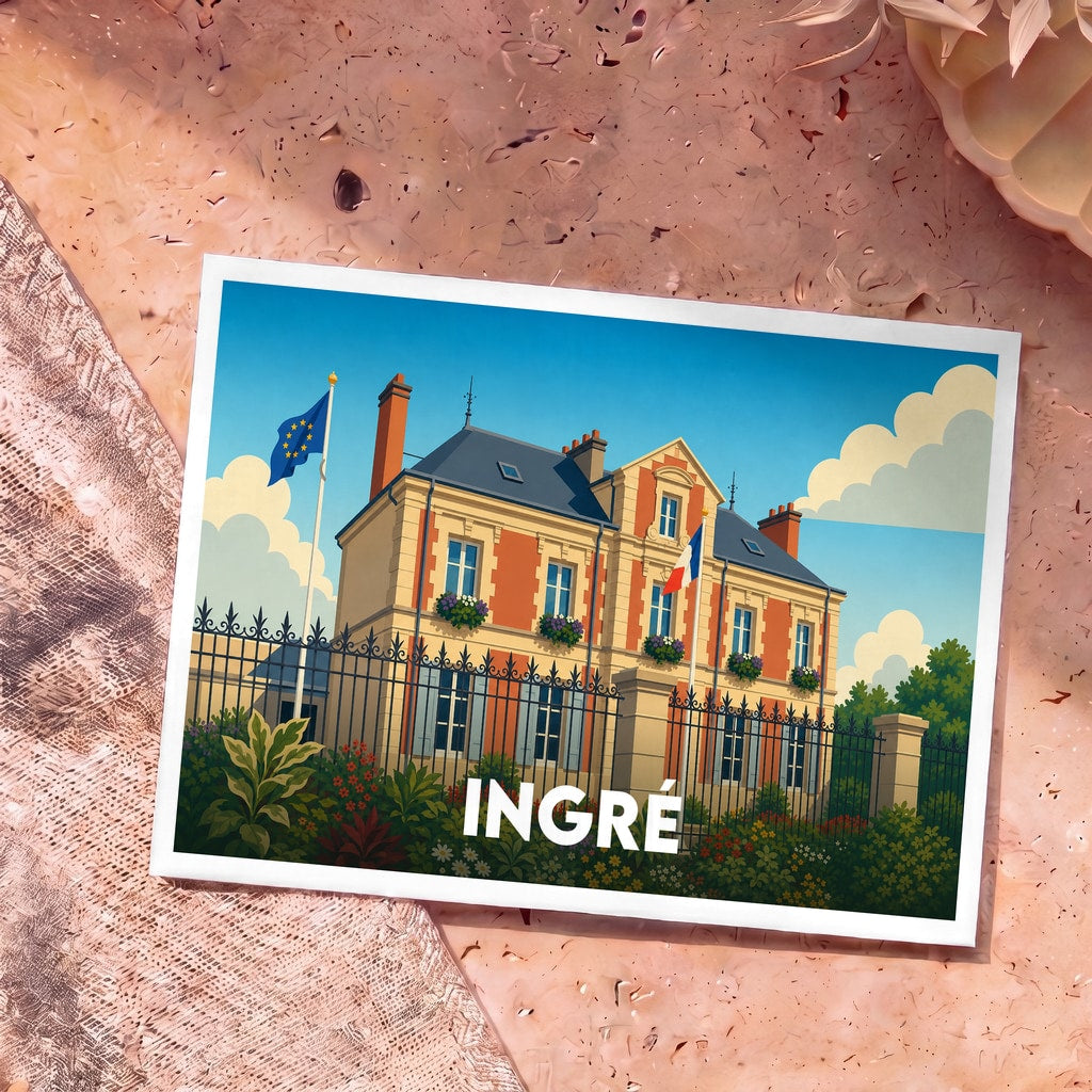 Carte postale souvenir de la ville d'Ingré illustrant l'hôtel de ville dans un style graphique épuré.