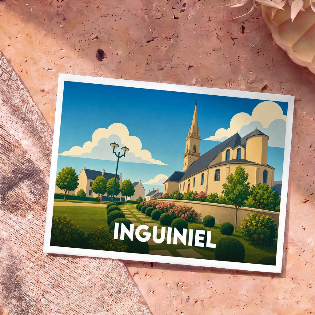 Carte postale souvenir d'Inguiniel ornée d'une illustration stylisée de son église et de ses jardins.