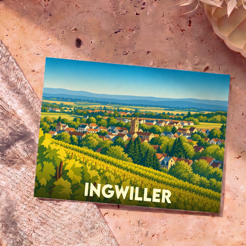 Carte postale souvenir de la ville d'Ingwiller avec une illustration stylisée de son paysage alsacien.