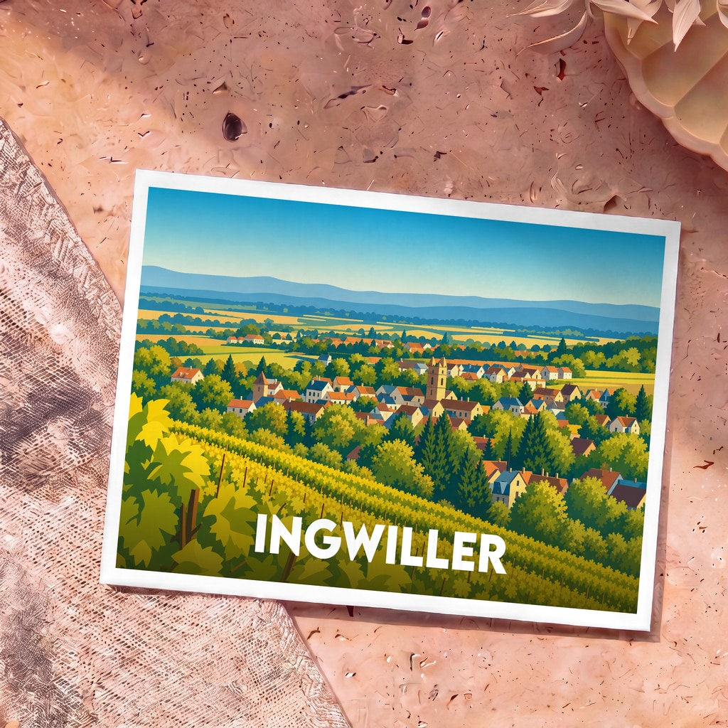 Carte postale souvenir de la ville d'Ingwiller avec une illustration stylisée de son paysage alsacien.