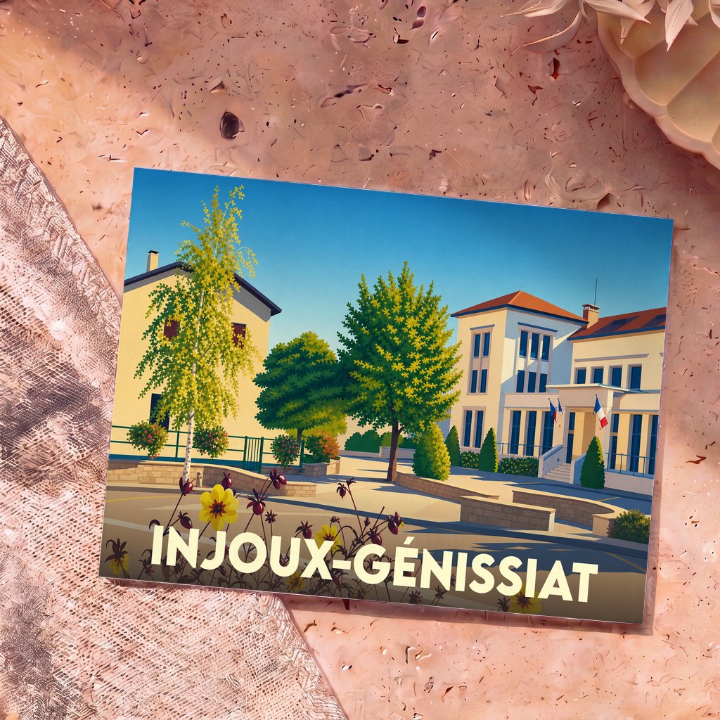 Carte postale souvenir de la ville d'Injoux-Génissiat avec une illustration colorée et stylisée.