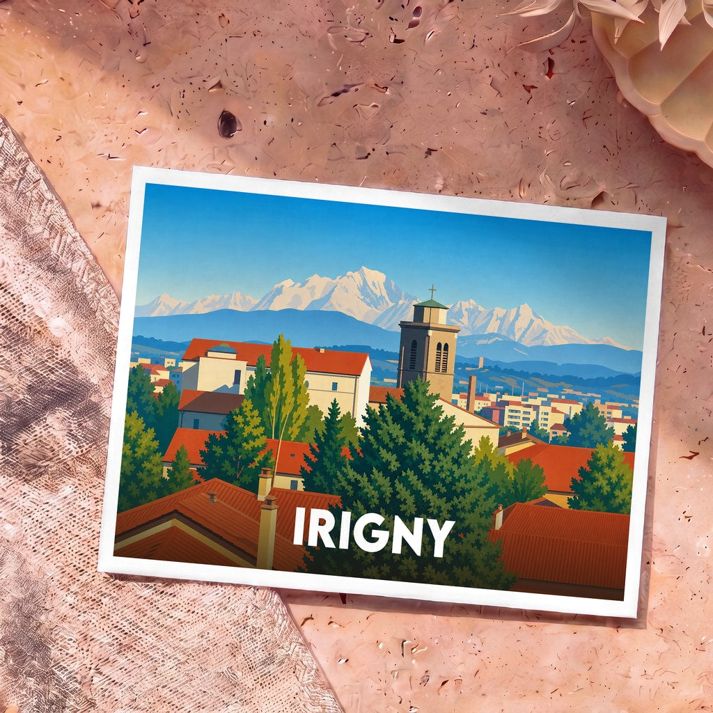 Carte postale souvenir de la ville d'Irigny avec une illustration stylisée montrant l'église et les montagnes au loin.