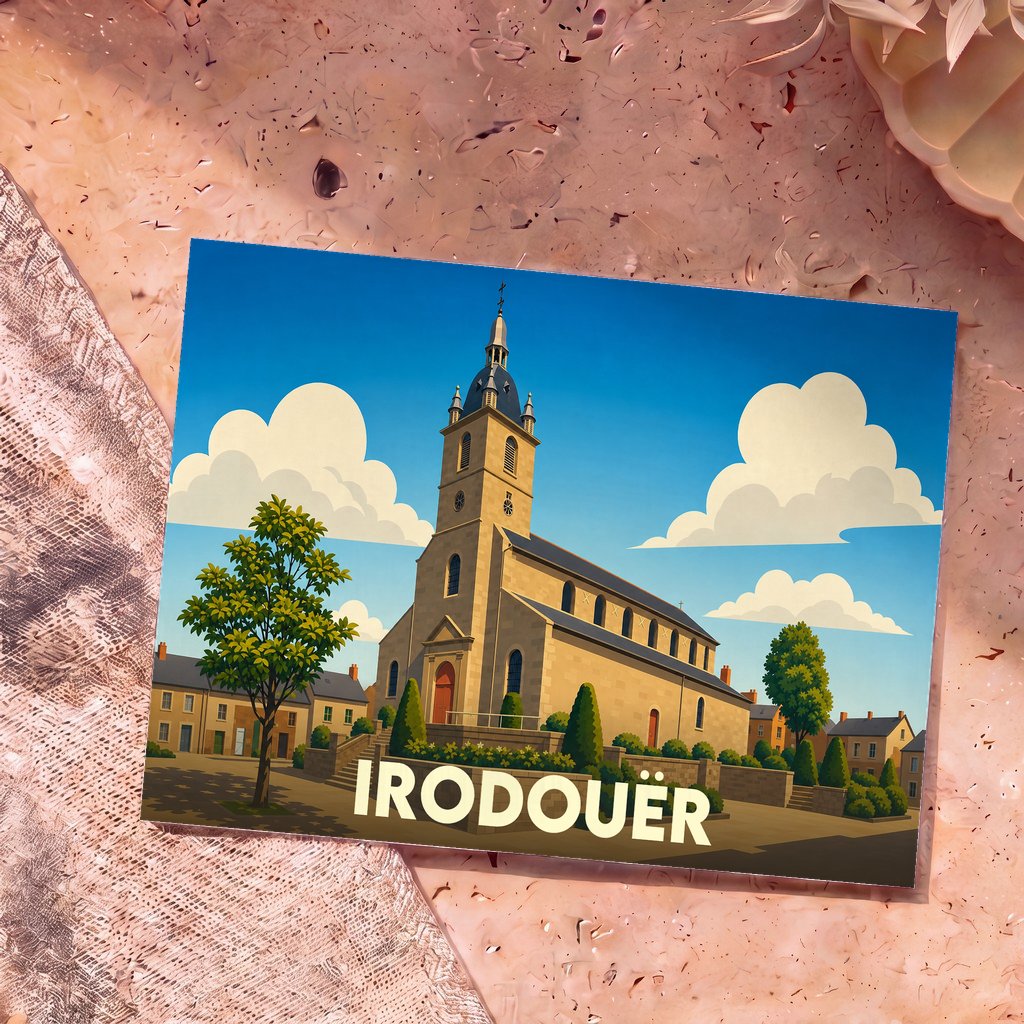 Carte postale souvenir de la ville d'Irodouër illustrant son église dans un style graphique épuré.