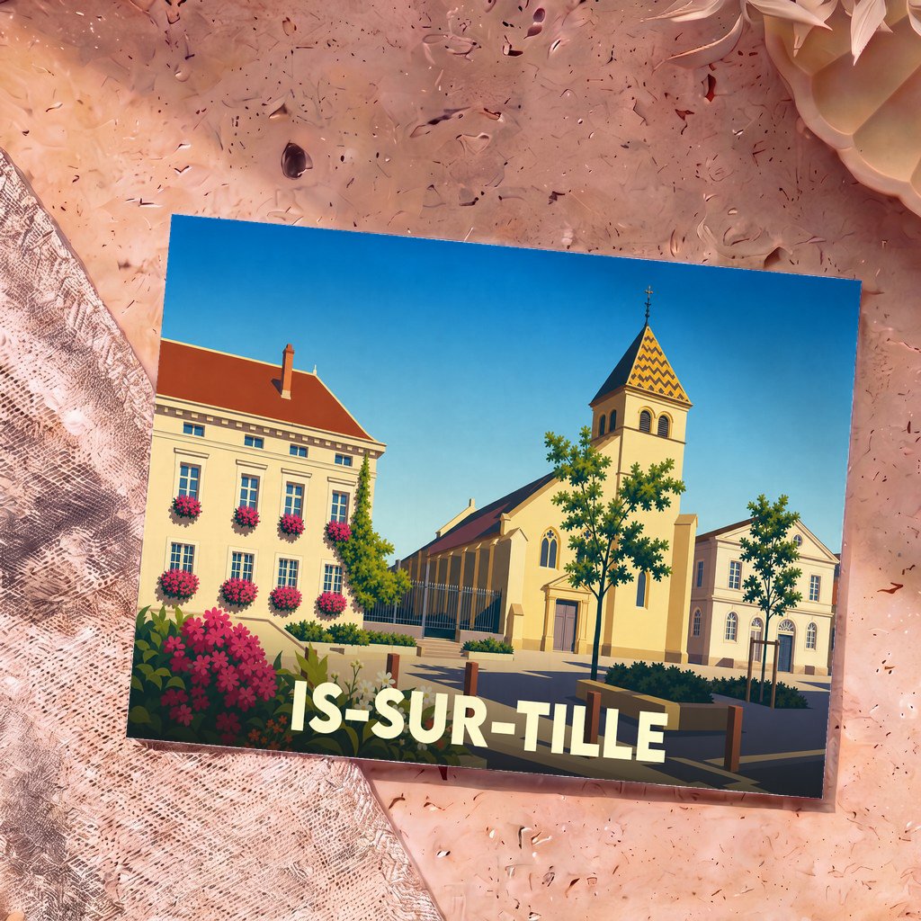 Carte postale souvenir de la ville de Is-sur-Tille avec une illustration stylisée de son église et de ses façades fleuries.