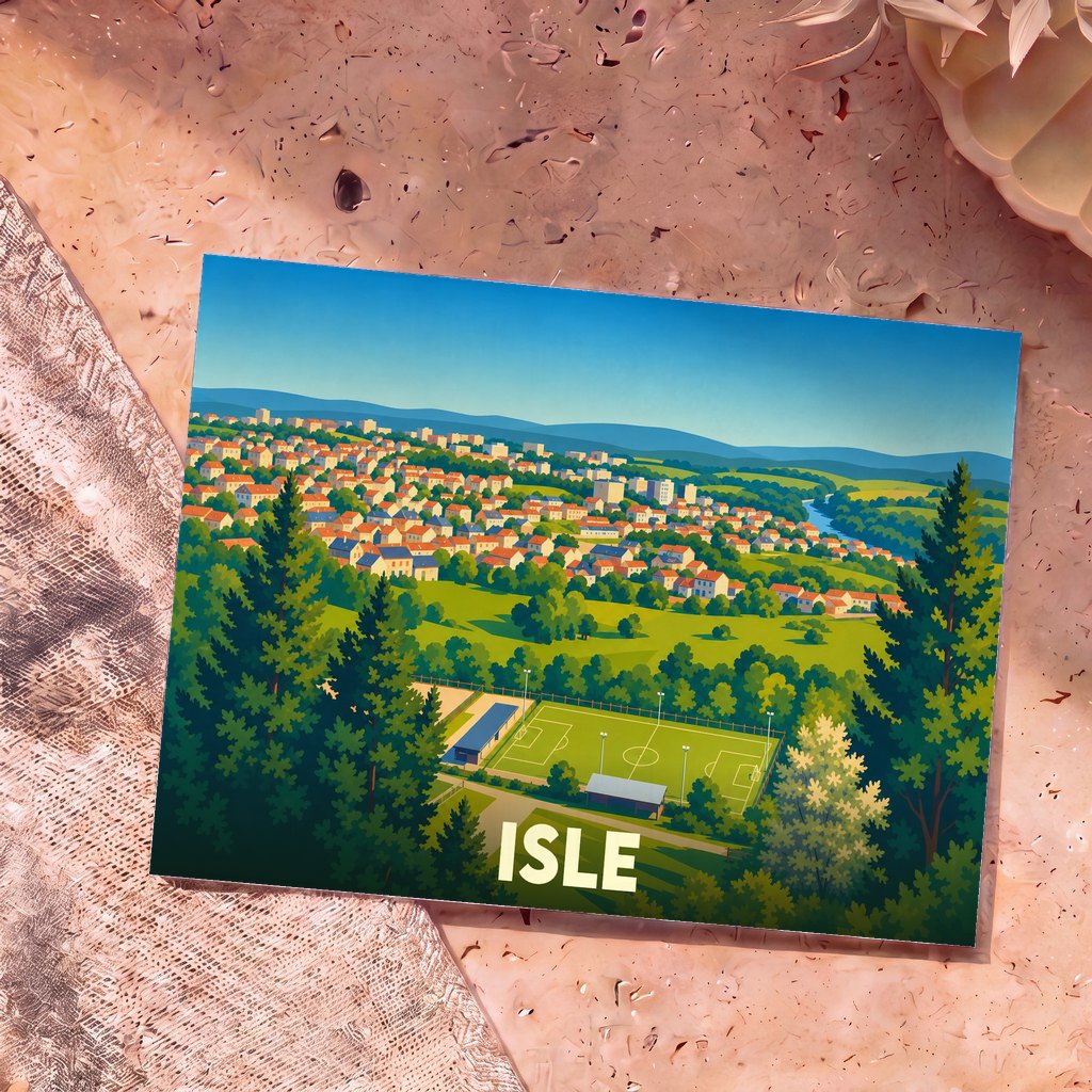 Carte postale souvenir de la ville de Isle avec une illustration stylisée d'un panorama urbain et de son terrain de sport.