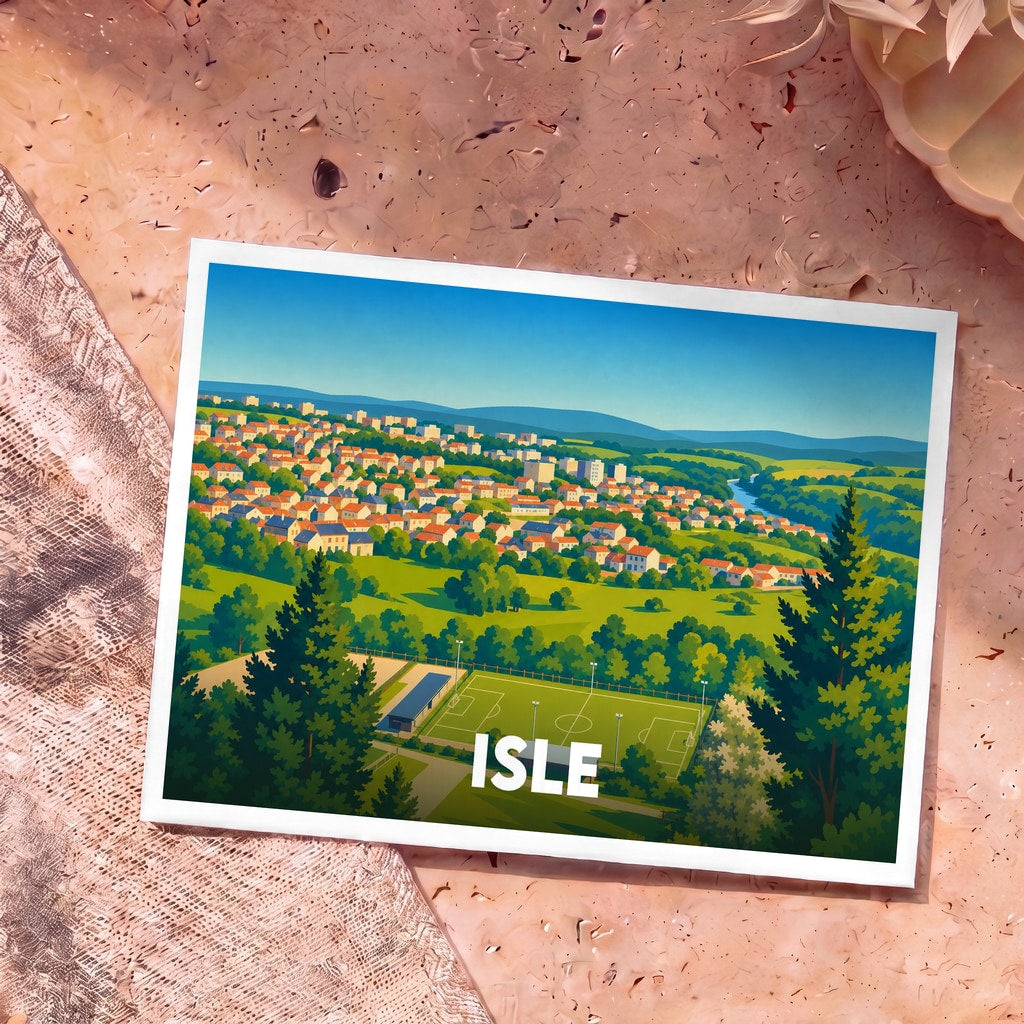 Carte postale souvenir de la ville de Isle avec une illustration stylisée d'un panorama urbain et de son terrain de sport.