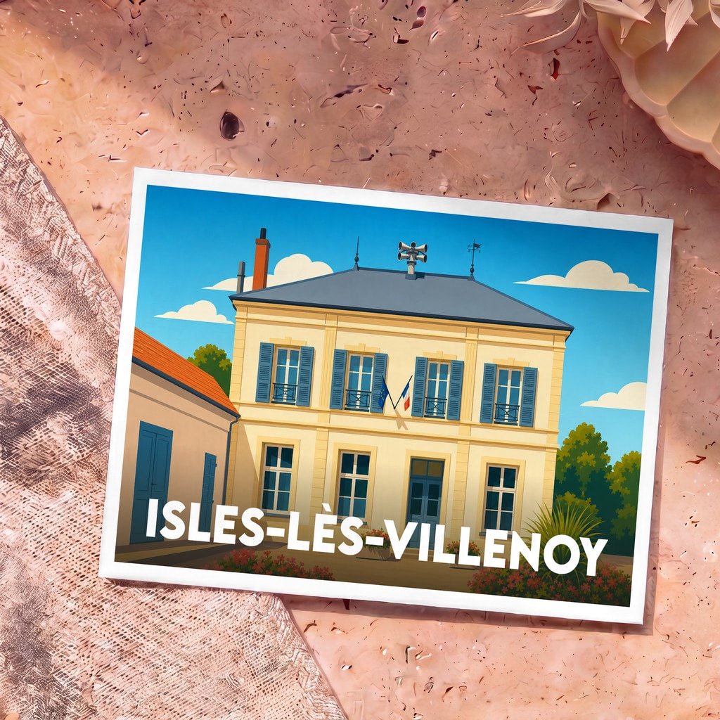 Carte postale souvenir de la ville de Isles-lès-Villenoy avec une illustration stylisée de la mairie.