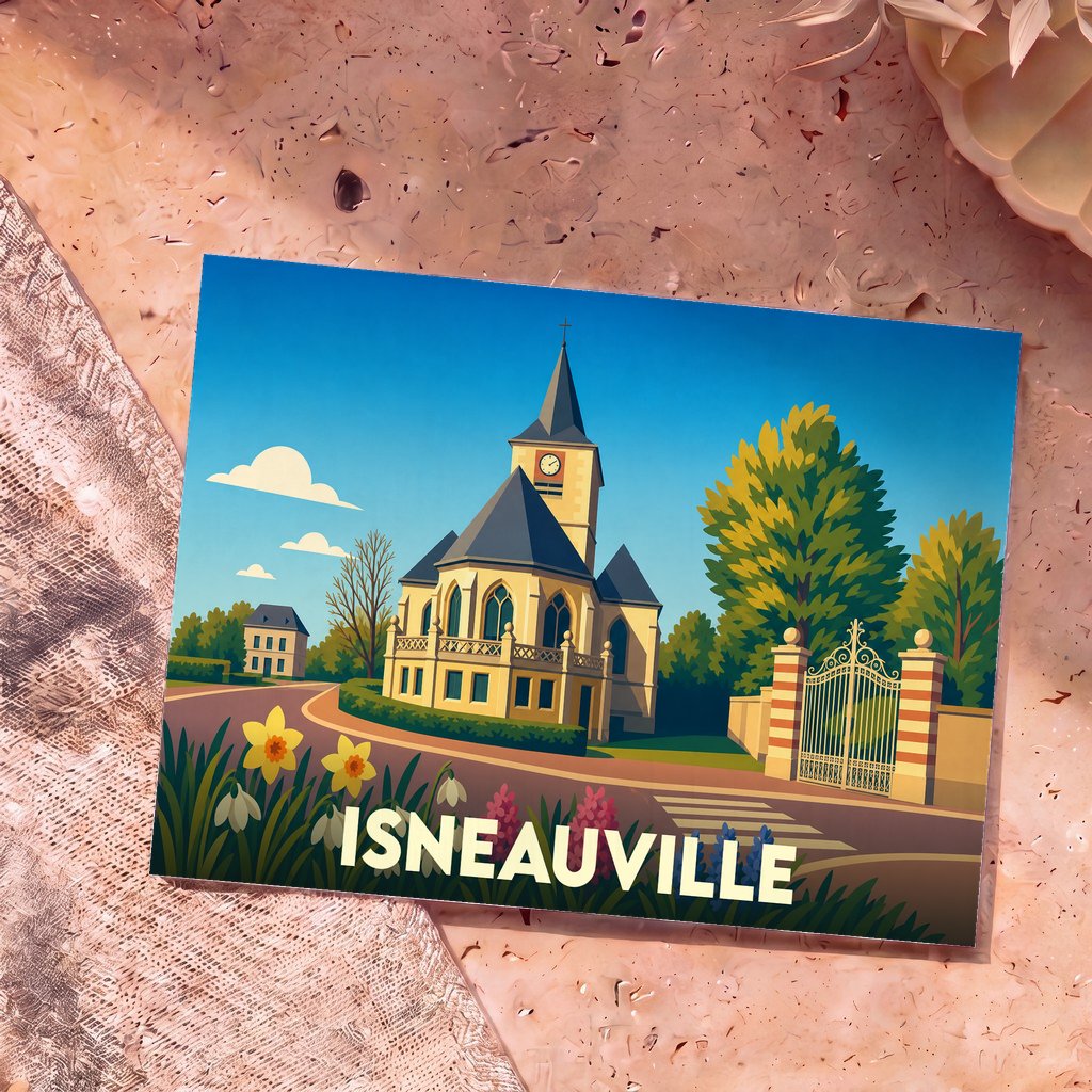 Carte postale souvenir de la ville d'Isneauville avec une illustration stylisée de son église.