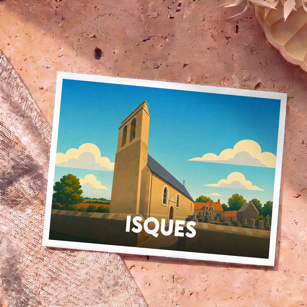 Carte postale souvenir de la ville d'Isques illustrant son église dans un style graphique épuré.