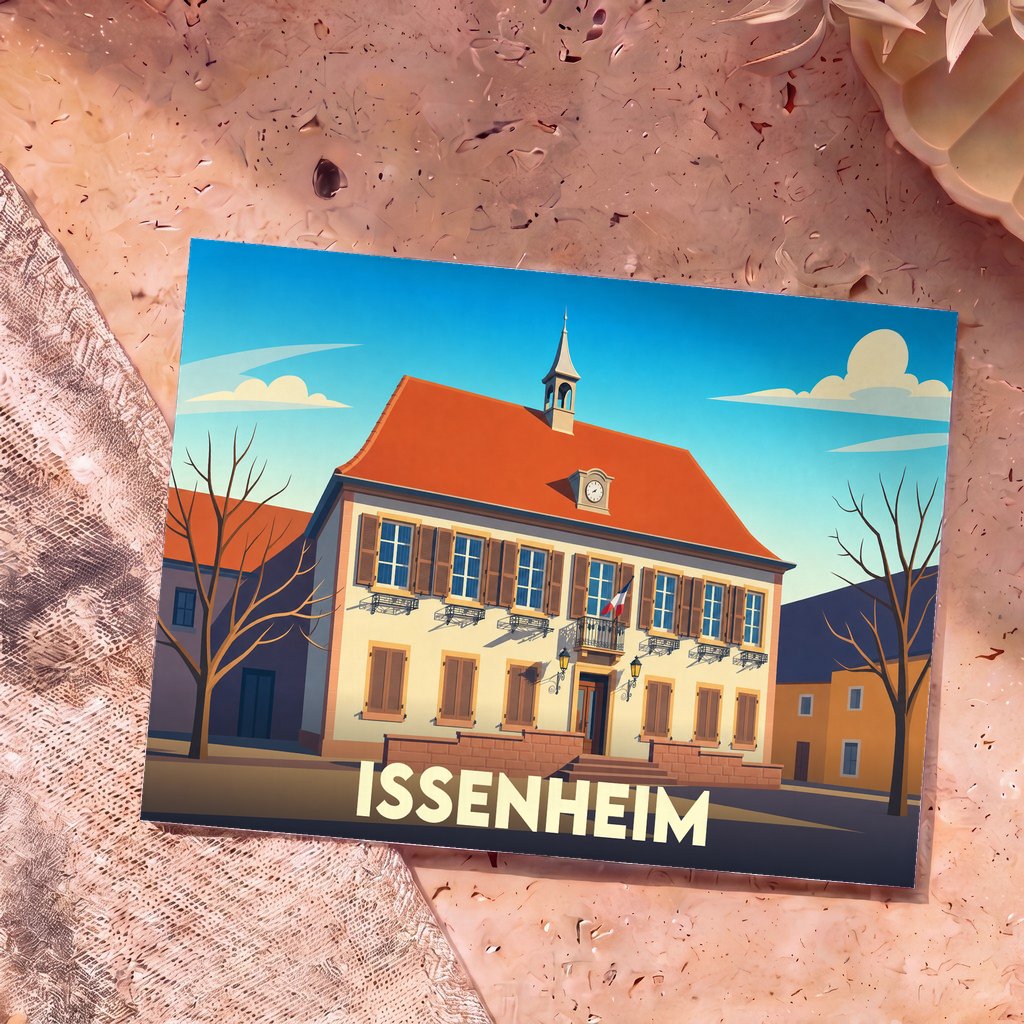 Carte postale souvenir de la ville d'Issenheim avec une illustration stylisée de son hôtel de ville.