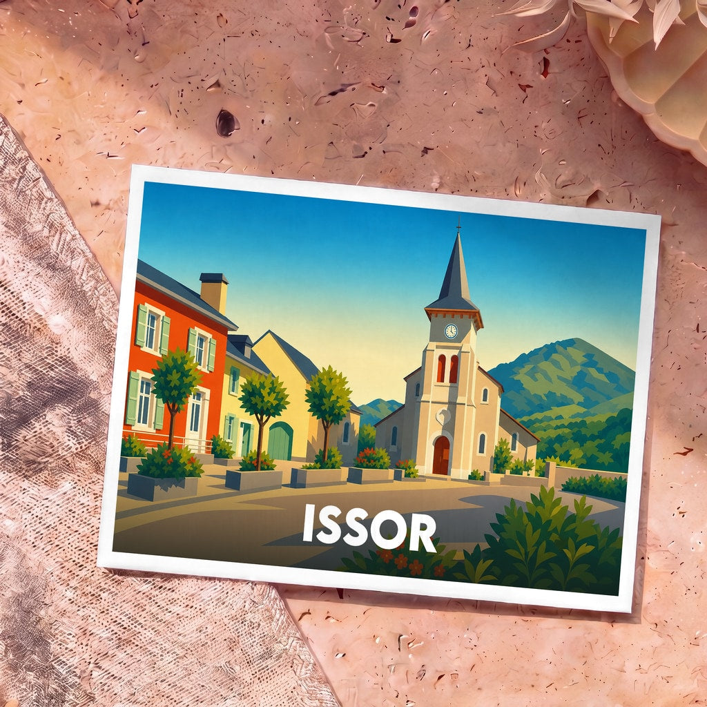 Carte postale souvenir de la ville d'Issor avec une illustration stylisée montrant son église et les montagnes.