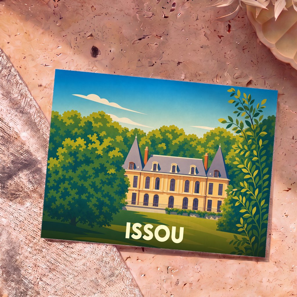 Carte postale souvenir de la ville d'Issou avec une illustration stylisée de son château entouré de verdure.