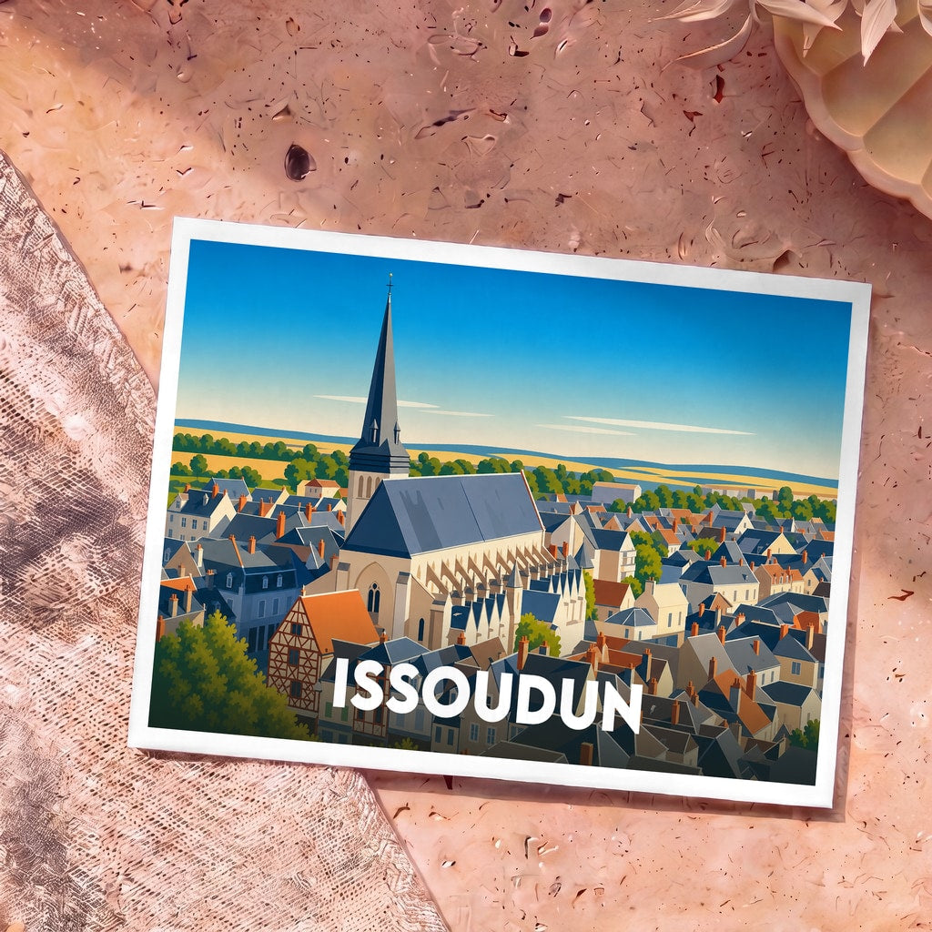 Carte postale souvenir de la ville d'Issoudun avec une illustration stylisée de son église et de ses toits.