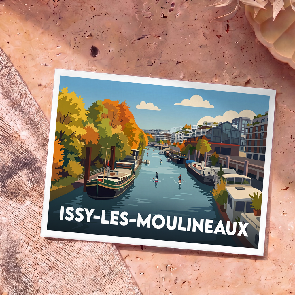 Carte postale souvenir de la ville d'Issy-les-Moulineaux avec une illustration stylisée des bords de Seine.