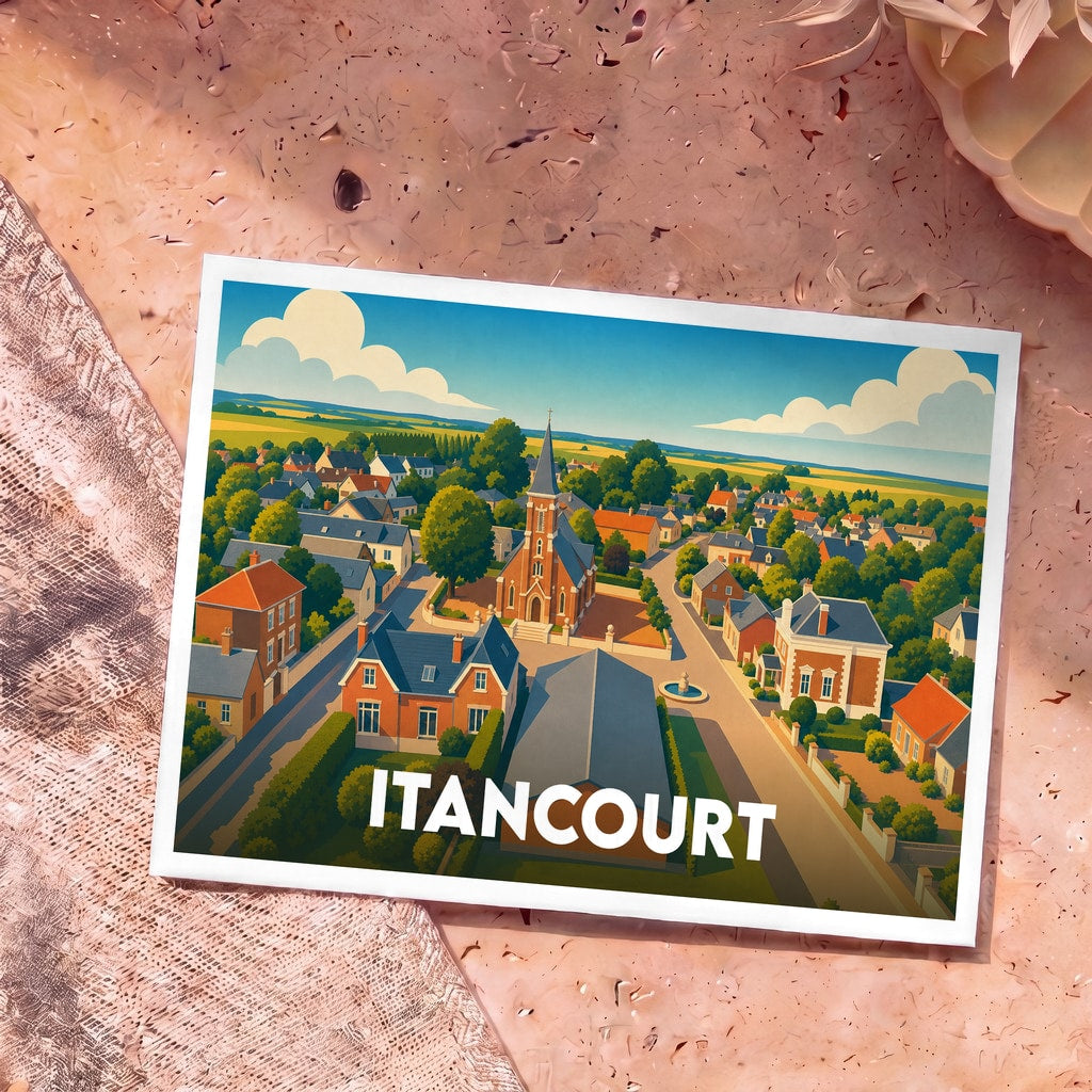 Carte postale souvenir de la ville d'Itancourt présentant une illustration colorée et stylisée du village vu du ciel.