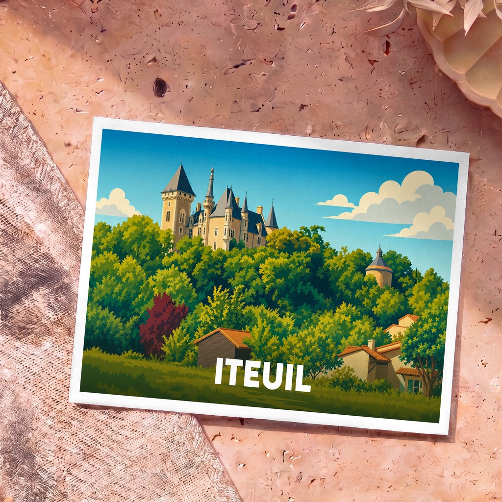 Carte postale souvenir de la ville d'Iteuil illustrant un château surplombant une forêt verdoyante.
