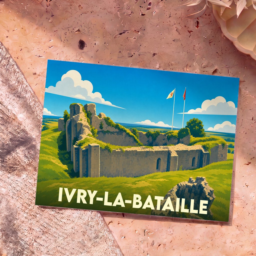 Carte postale souvenir de la ville d'Ivry-la-Bataille illustrant les ruines de son château médiéval dans un style graphique épuré.