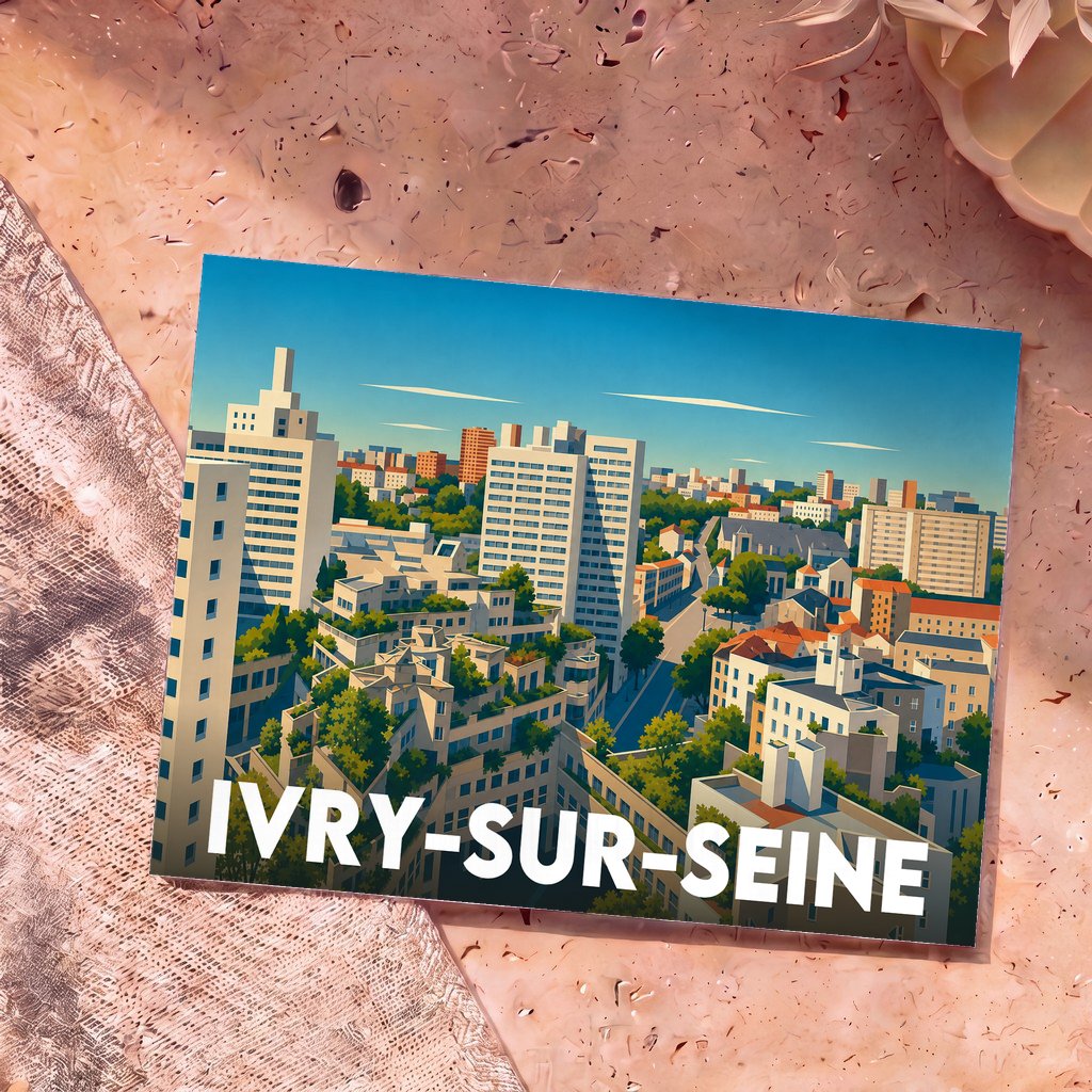 Carte postale souvenir de la ville d'Ivry-sur-Seine avec une illustration urbaine colorée et stylisée.