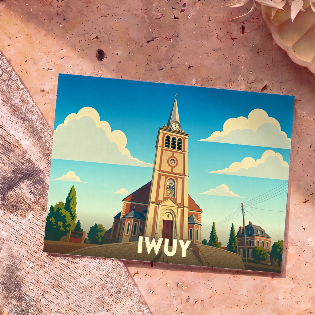 Carte postale souvenir de la ville d'Iwuy avec une illustration stylisée de son église sous un ciel azur.