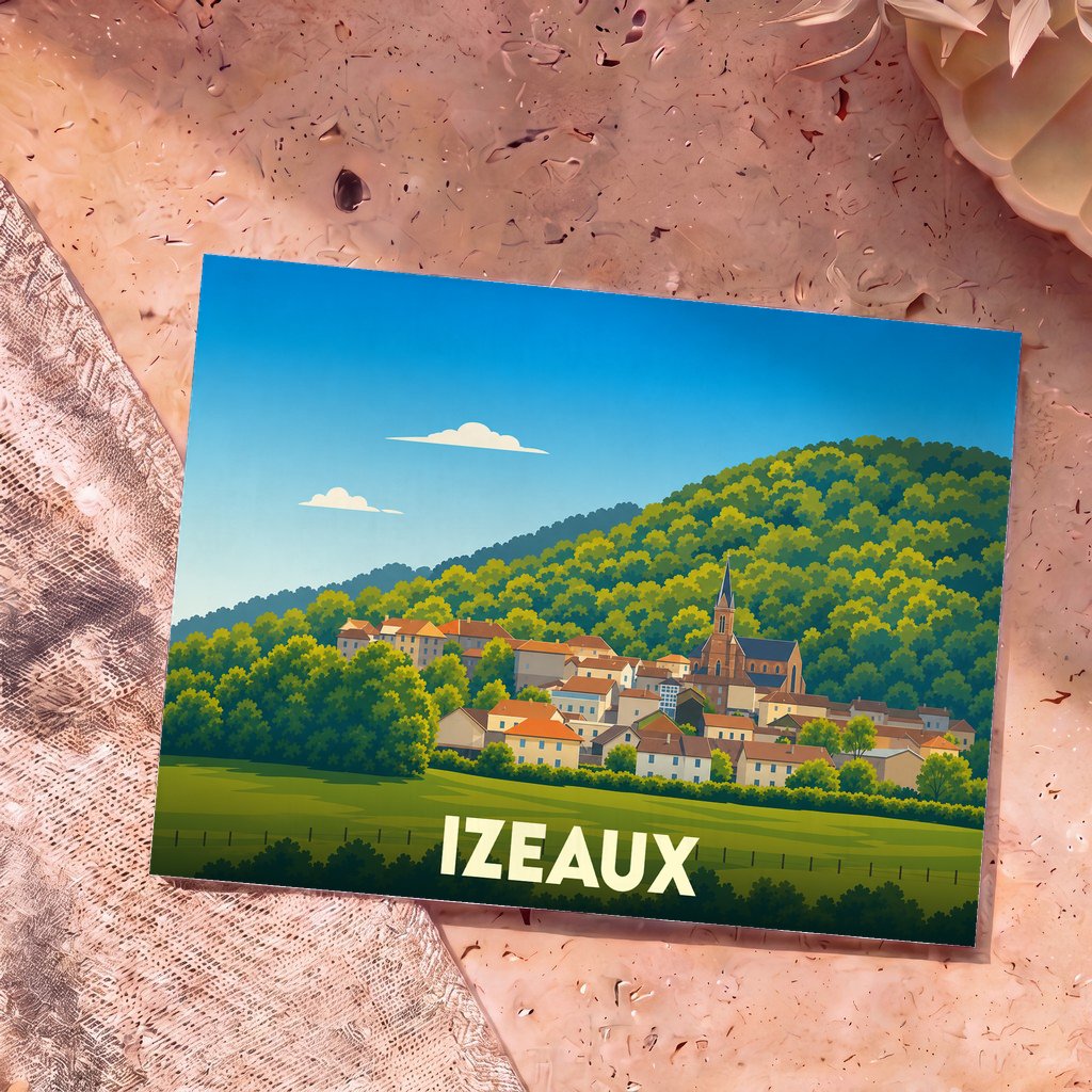 Carte postale souvenir de la ville d'Izeaux avec une illustration stylisée d'un village niché au pied d'une colline boisée.
