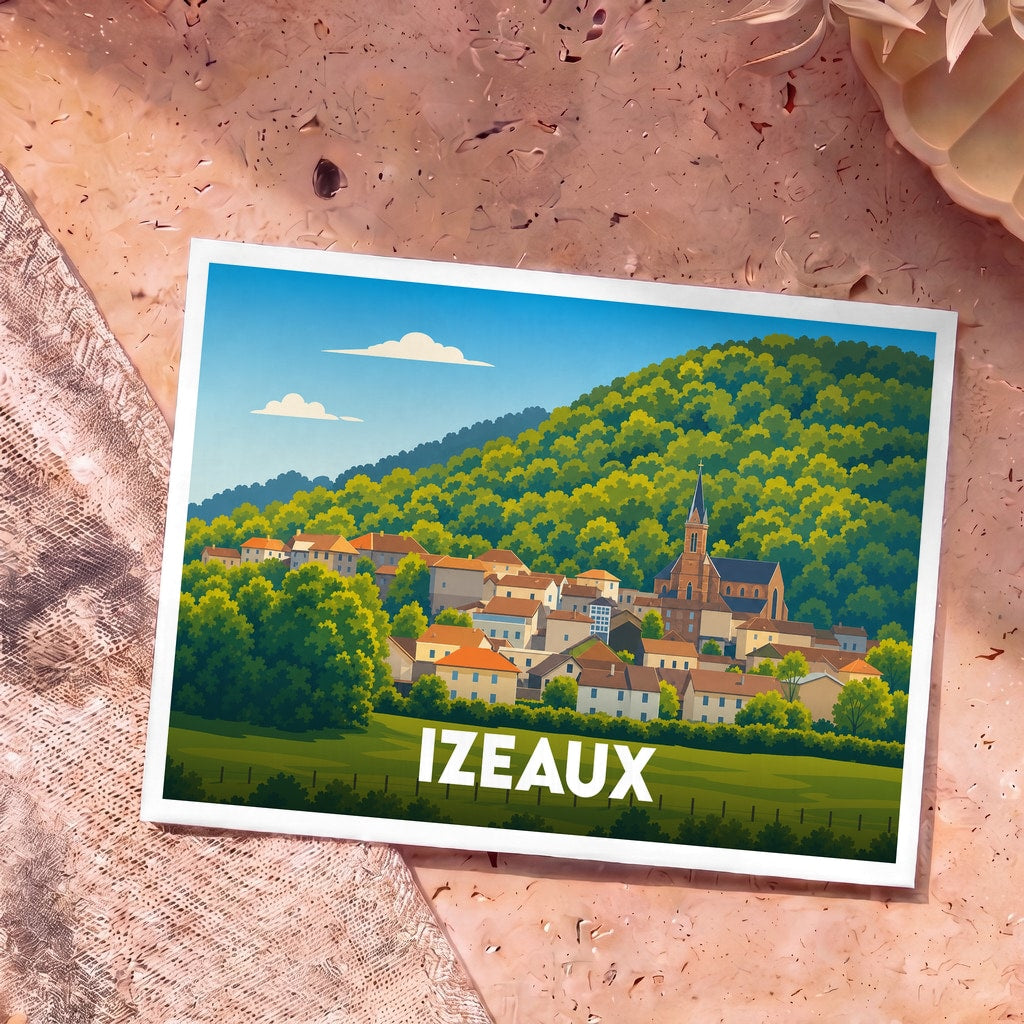 Carte postale souvenir de la ville d'Izeaux avec une illustration stylisée d'un village niché au pied d'une colline boisée.