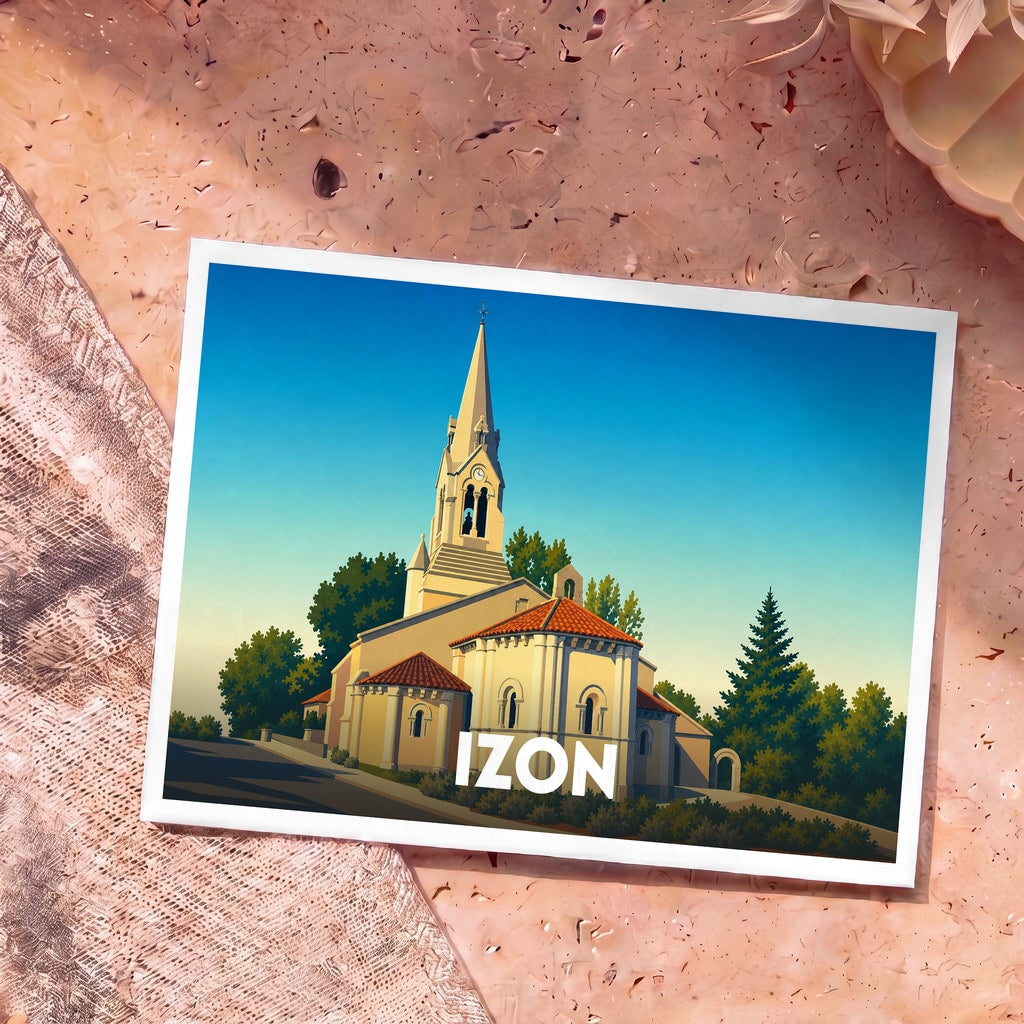 Carte postale souvenir de la ville d'Izon illustrant son église dans un style graphique épuré.