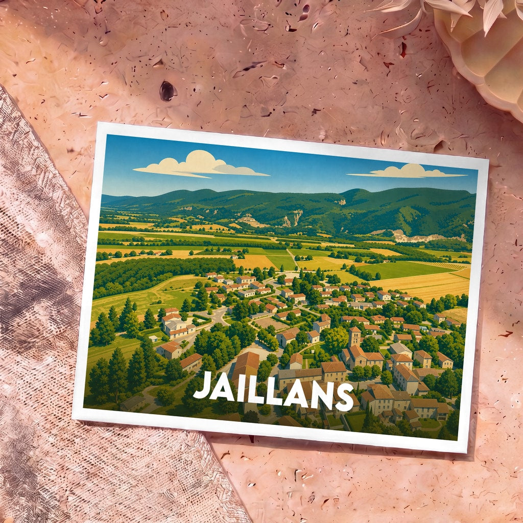 Carte postale souvenir de la ville de Jaillans avec une illustration stylisée d'un village dans un paysage de campagne vallonné.