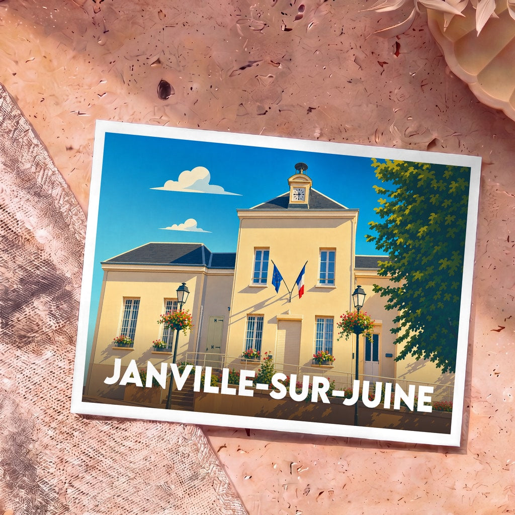 Carte postale souvenir de Janville-sur-Juine illustrant la mairie de la ville dans un style graphique et coloré.