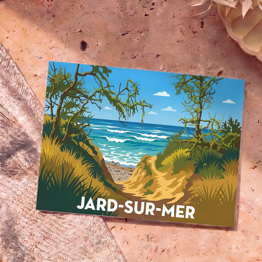 Carte postale souvenir de Jard-sur-Mer illustrant un sentier dunaire bordé de pins face à l'océan.