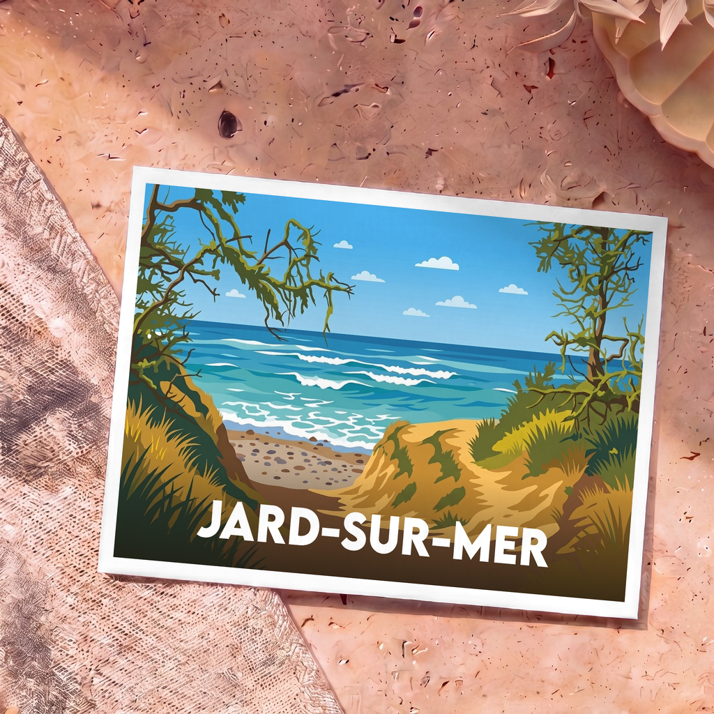Carte postale souvenir de Jard-sur-Mer illustrant un sentier dunaire bordé de pins face à l'océan.