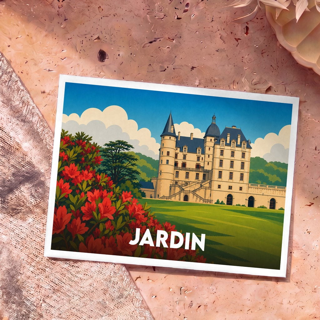 Carte postale souvenir de la ville de Jardin illustrant un château majestueux bordé de fleurs rouges.