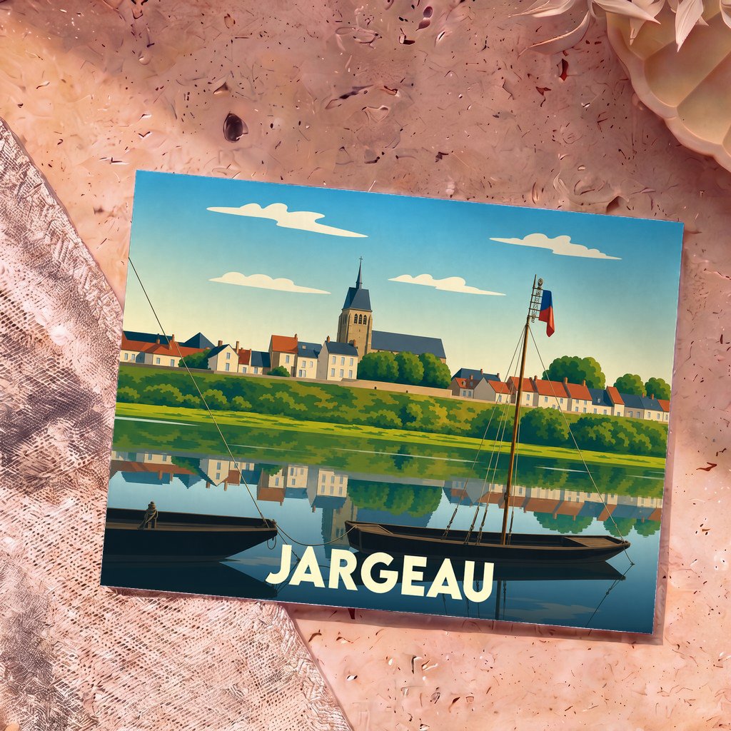 Carte postale souvenir de la ville de Jargeau avec une illustration stylisée des bords de Loire.