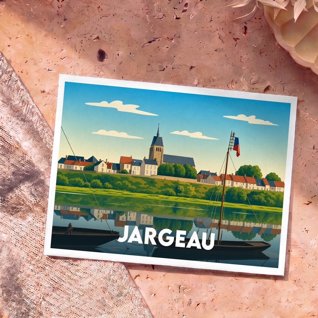 Carte postale souvenir de la ville de Jargeau avec une illustration stylisée des bords de Loire.