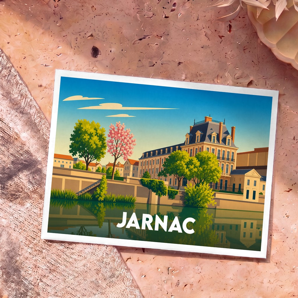 Carte postale souvenir de la ville de Jarnac avec une illustration stylisée d'un château en bord de rivière.