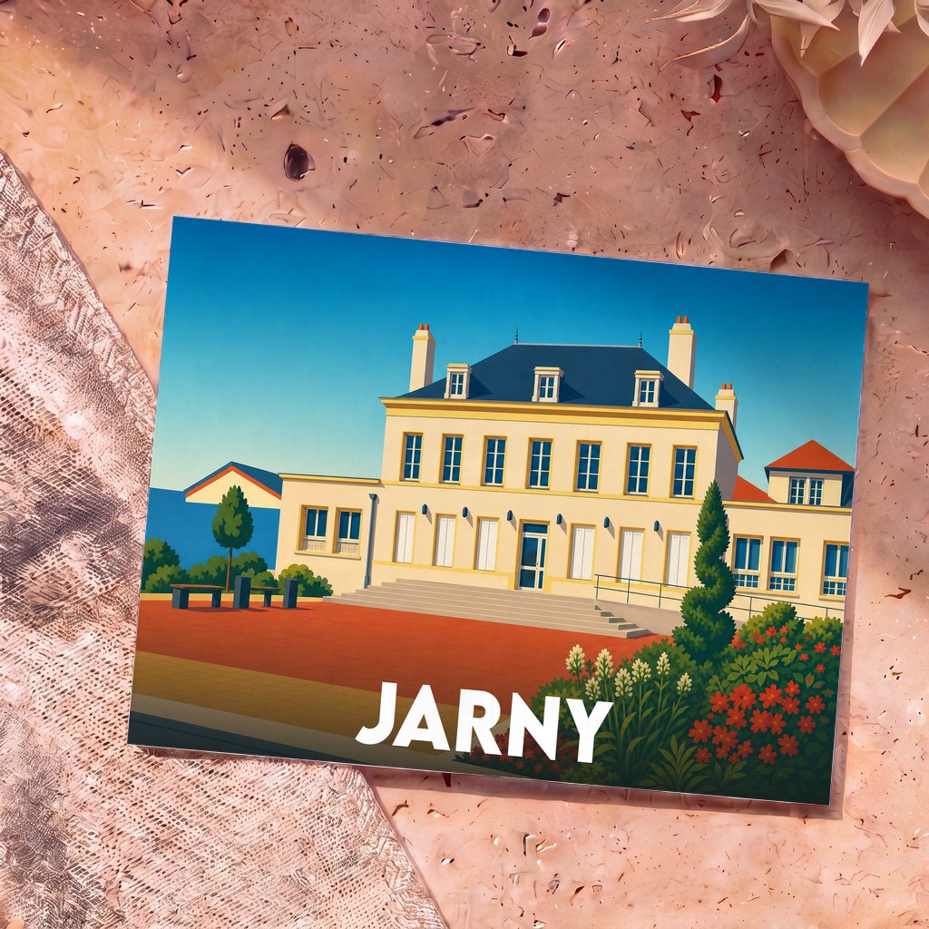 Carte postale souvenir de la ville de Jarny illustrant son hôtel de ville dans un style graphique épuré.