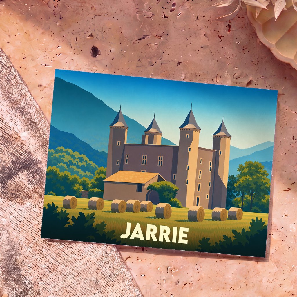 Carte postale souvenir de la ville de Jarrie avec une illustration stylisée du château de Bon Repos et ses bottes de foin.