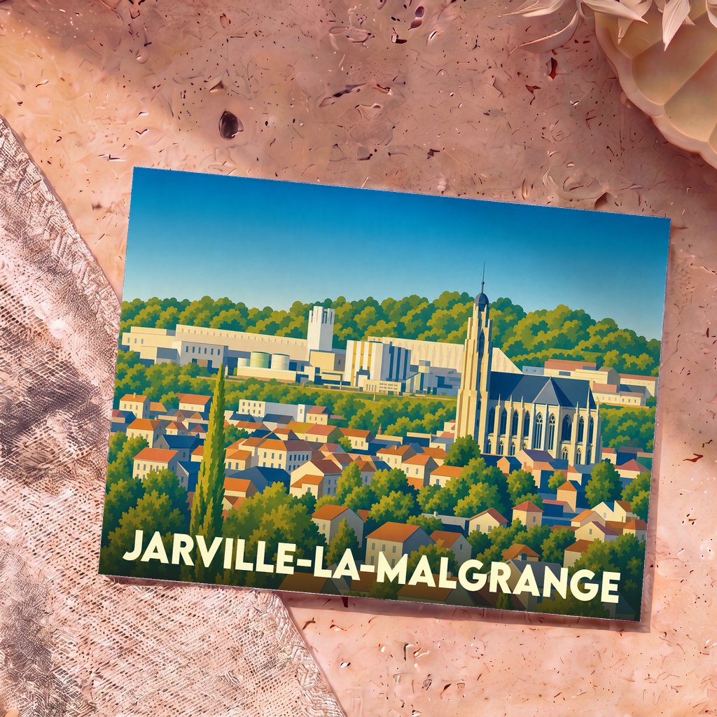 Carte postale souvenir de la ville de Jarville-la-Malgrange avec une illustration graphique colorée de son paysage urbain et de son église.