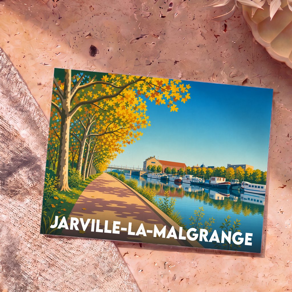 Carte postale souvenir de la ville de Jarville-la-Malgrange avec une illustration stylisée d'un canal en automne.