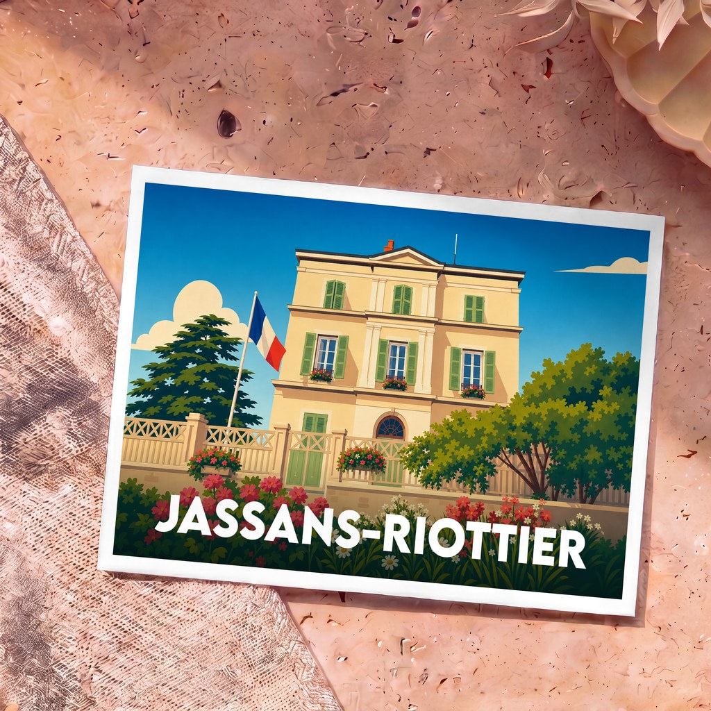 Carte postale souvenir de la ville de Jassans-Riottier arborant une illustration stylisée d'une demeure française avec drapeau tricolore.