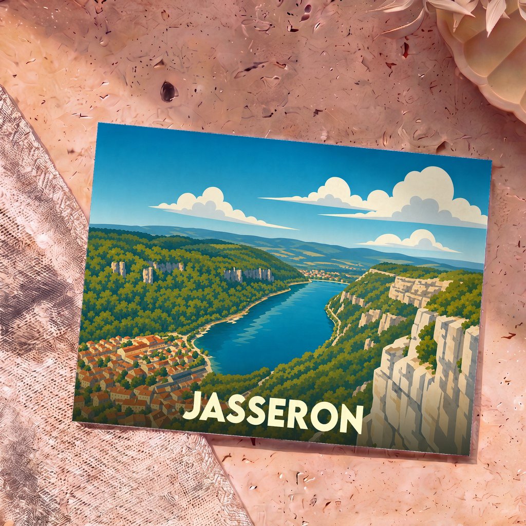 Carte postale souvenir de la ville de Jasseron avec une illustration stylisée d'un paysage de gorges et d'un village côtier.