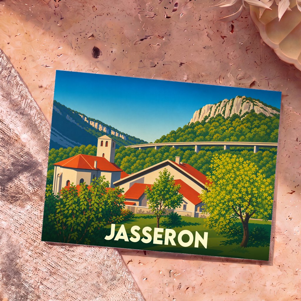 Carte postale souvenir de la ville de Jasseron avec une illustration stylisée de son église et du viaduc.