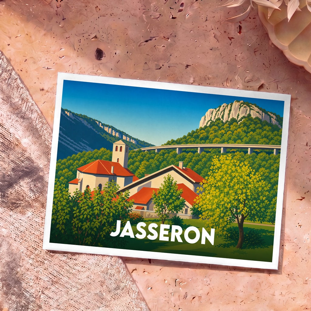 Carte postale souvenir de la ville de Jasseron avec une illustration stylisée de son église et du viaduc.