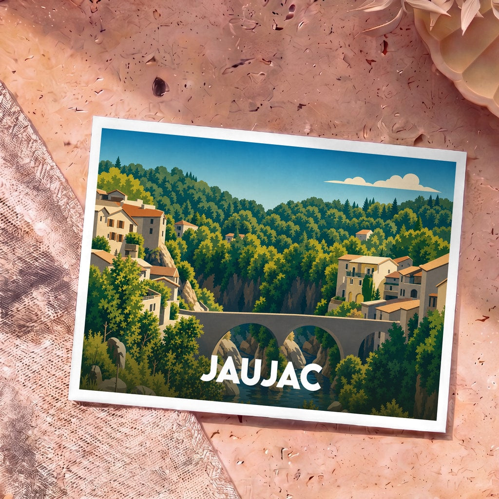 Carte postale souvenir de la ville de Jaujac avec une illustration stylisée de son pont et de ses maisons nichées dans la verdure.