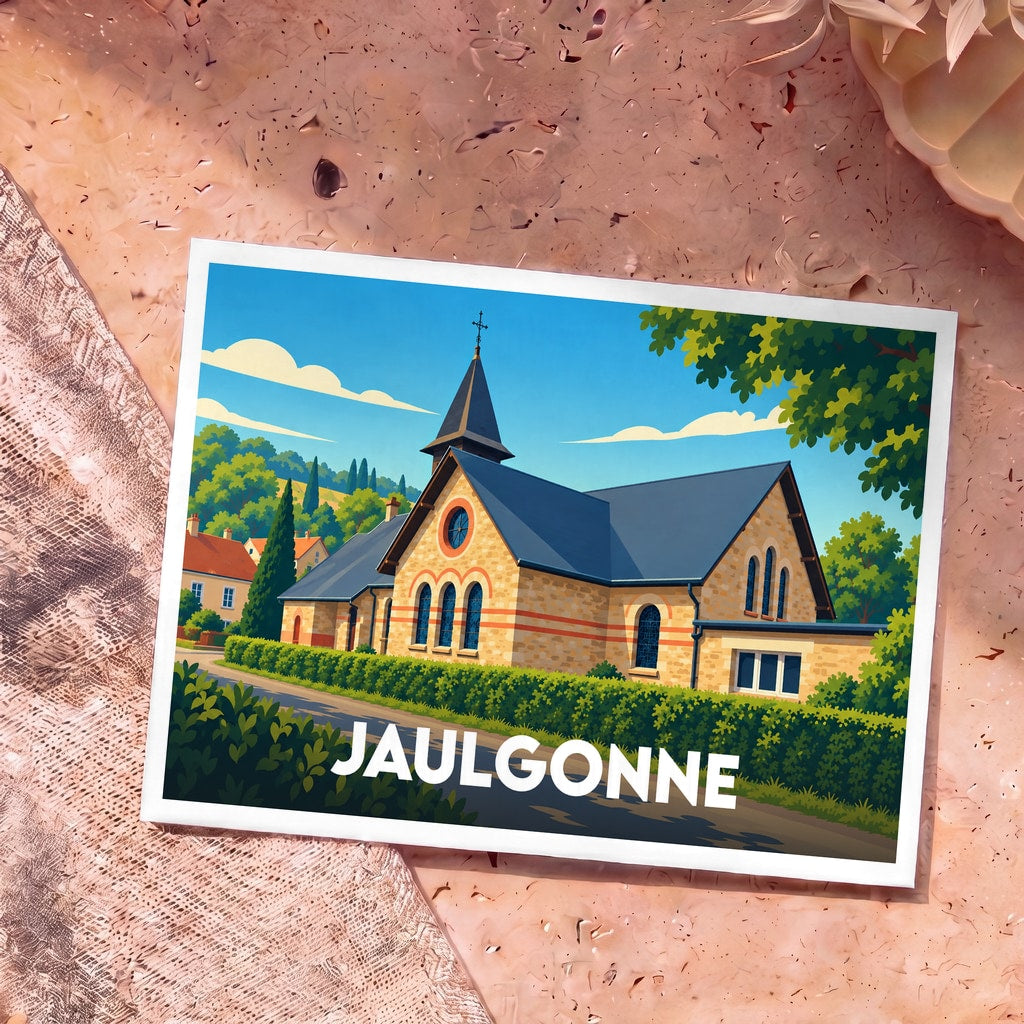 Carte postale souvenir de la ville de Jaulgonne avec une illustration stylisée de son église.