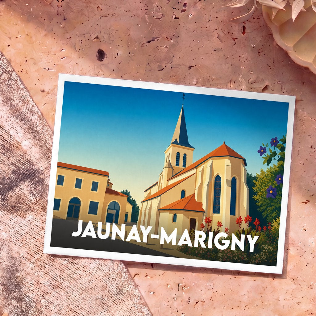 Carte postale souvenir de la ville de Jaunay-Marigny avec une illustration stylisée de son église.