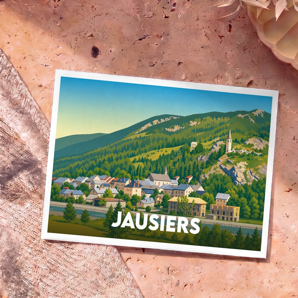 Carte postale souvenir de la ville de Jausiers avec une illustration stylisée de ses maisons colorées au pied des montagnes.