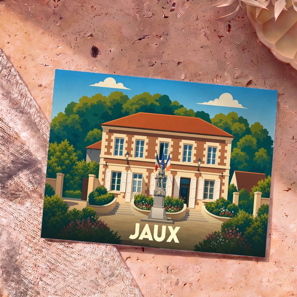 Carte postale souvenir de la ville de Jaux avec une illustration stylisée de sa mairie et de son monument aux morts.