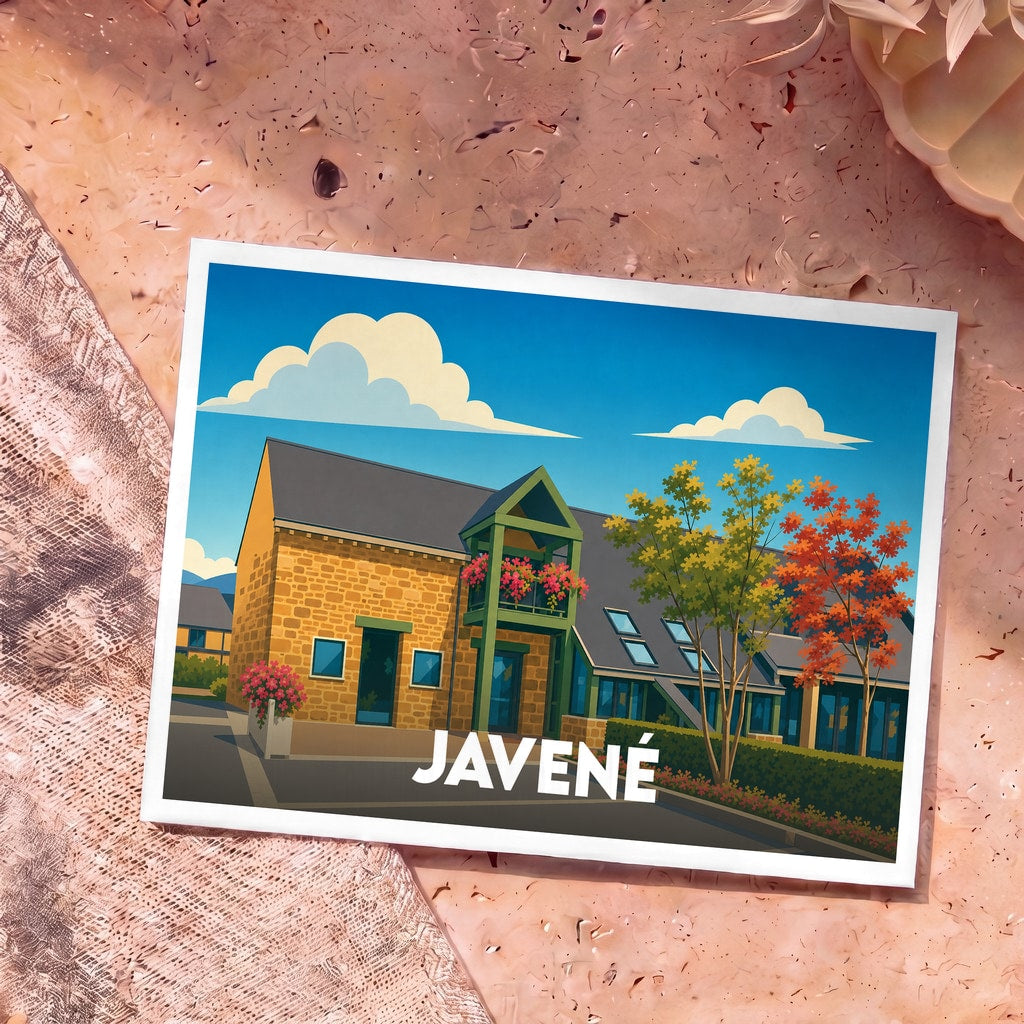Carte postale souvenir de la ville de Javené avec une illustration stylisée.