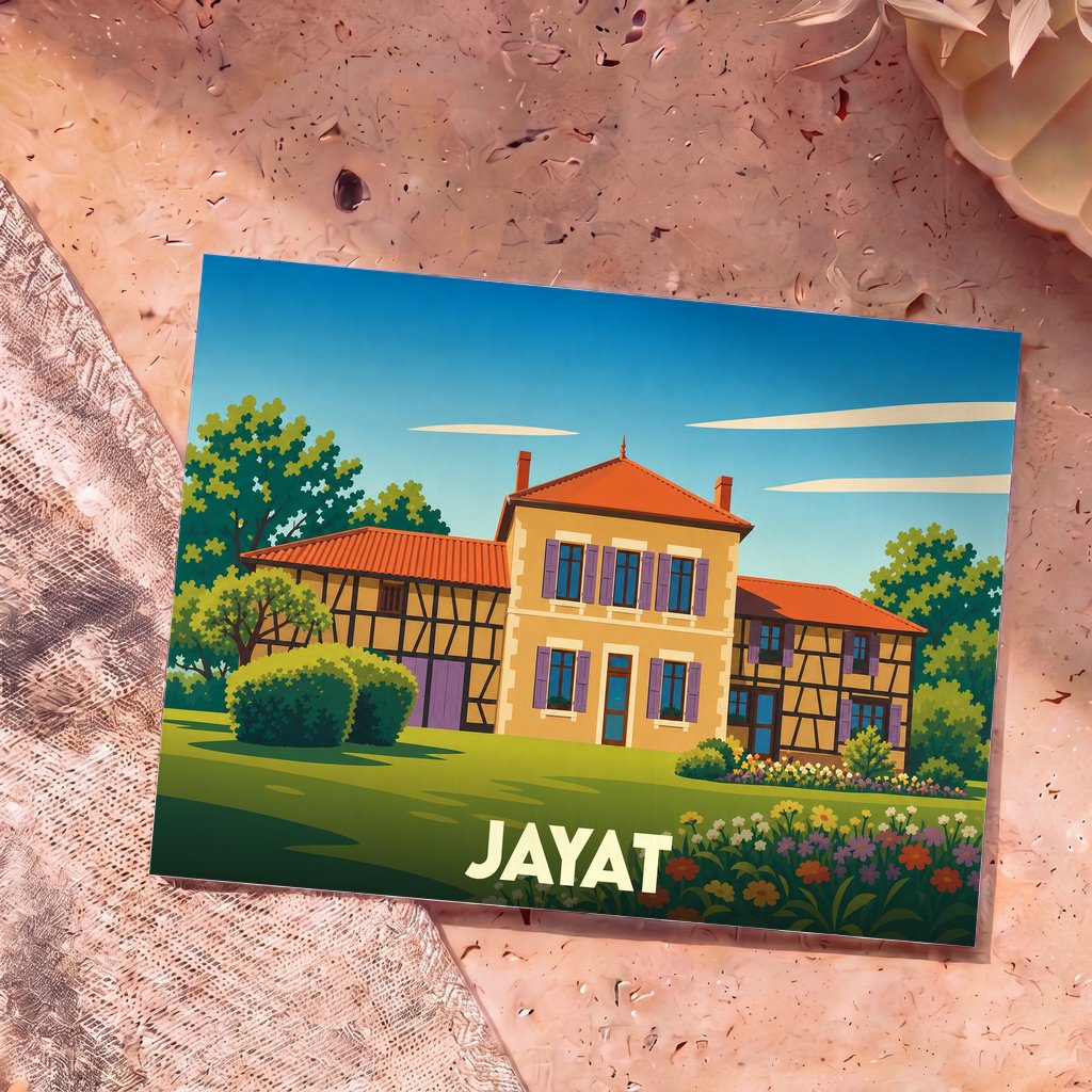 Carte postale souvenir de la ville de Jayat avec une illustration stylisée de maisons à colombages.
